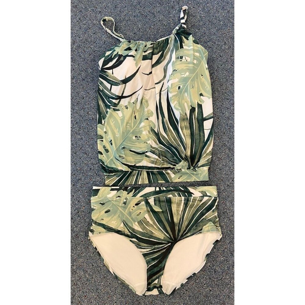 Swim by Cacique 2 Piece Bathing Suit Swim Tankini Green White Tropical Size 18